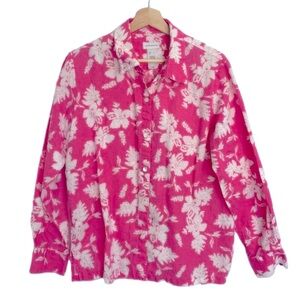 Liz Claiborne Blouse 100% Linen Size L Pink White Cool Summer Long Sleeve